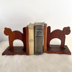 Vintage Wooden Handmade Teak Cat Bookends. Carved. Primitive. MCM